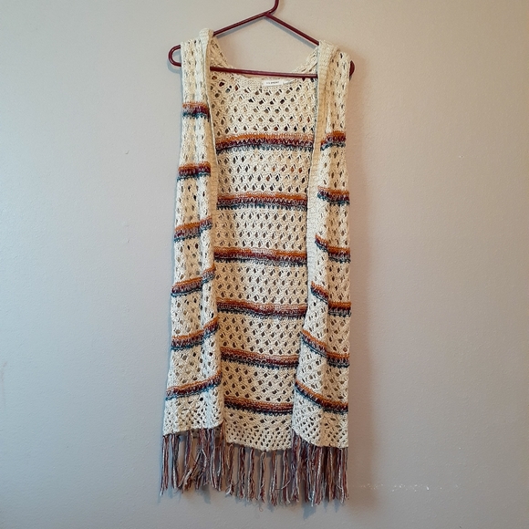 Blu Pepper Sweaters - Blu Pepper Open Knit Fringe Hooded Open Cardigan